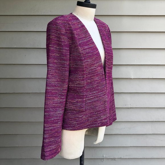 St. John Collarless Woven Fuchsia Multicolor Tweed Boucle Blazer Jacket 8 2019 - Picture 4 of 16